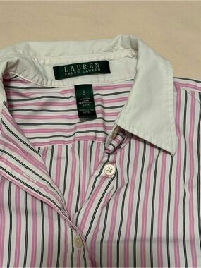 Lauren Ralph Lauren Pink and White Striped Cotton Button-Down Shirt